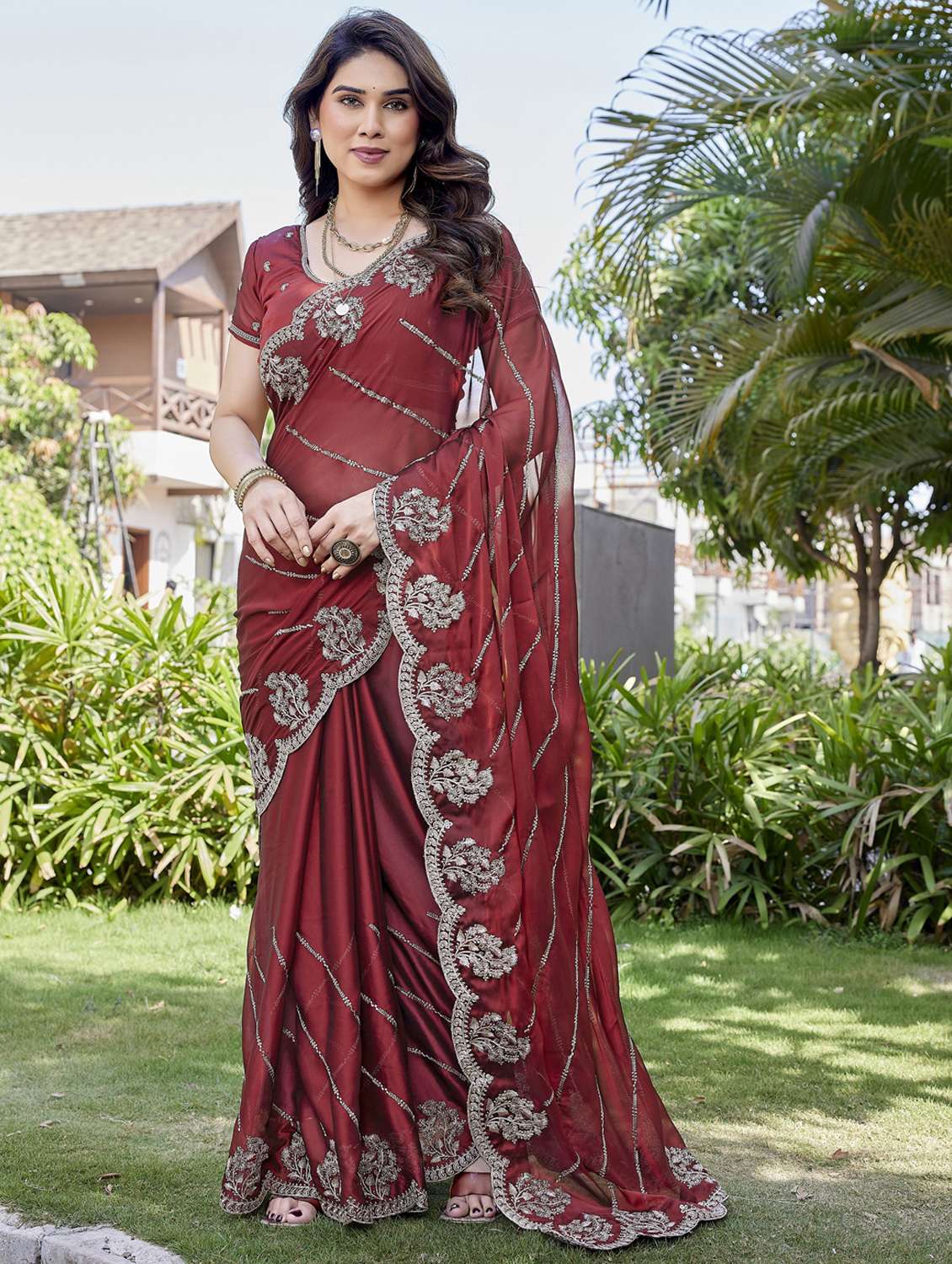 women solid with work embroidered saree with blouse
