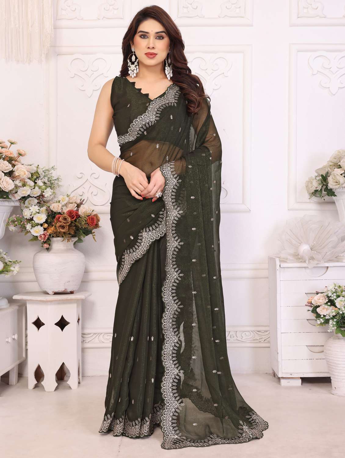 women solid with work embroidered saree with blouse - 22066152 - Zoom Image - 0