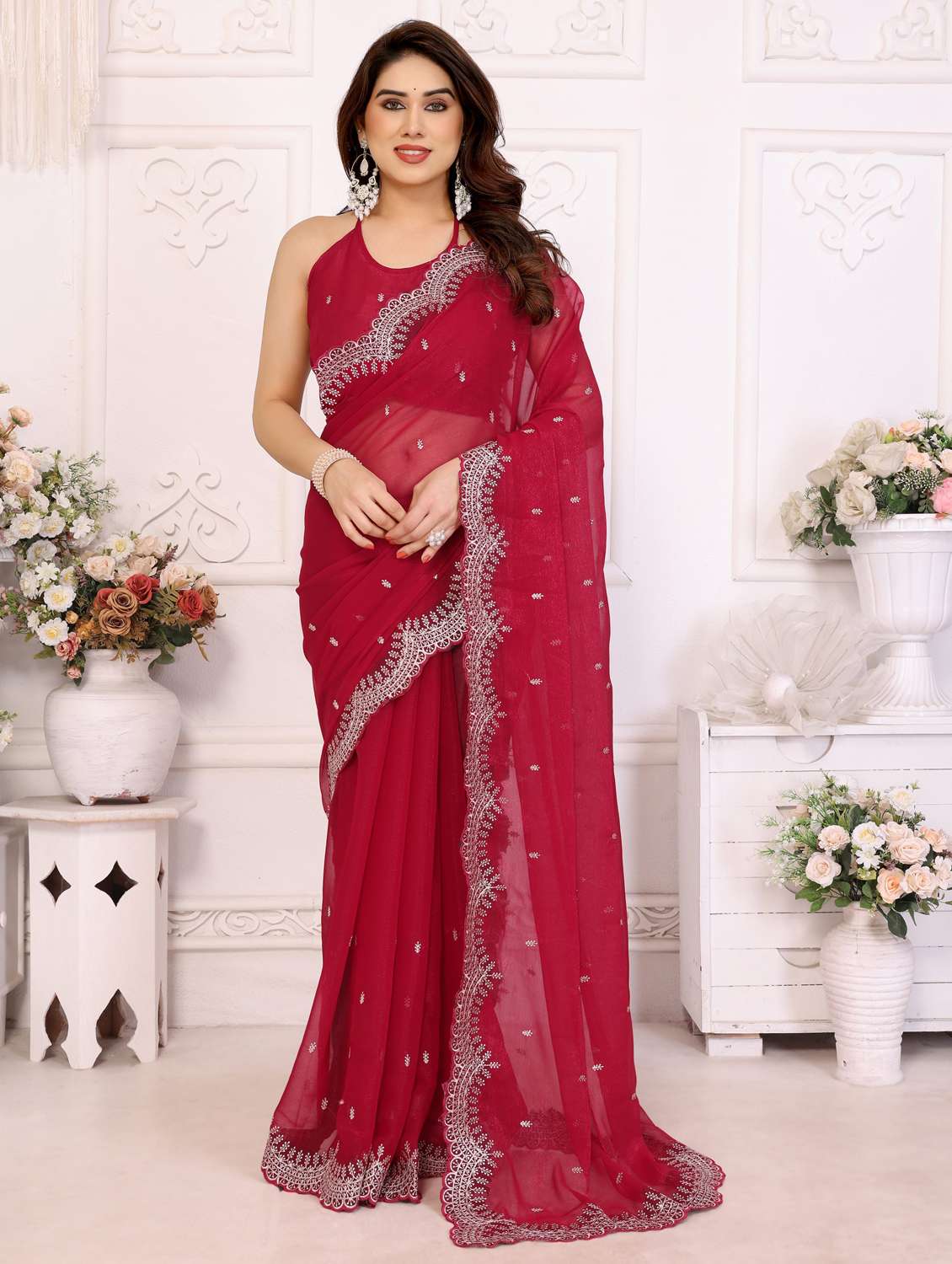 women solid with work embroidered saree with blouse - 22066153 - Zoom Image - 0