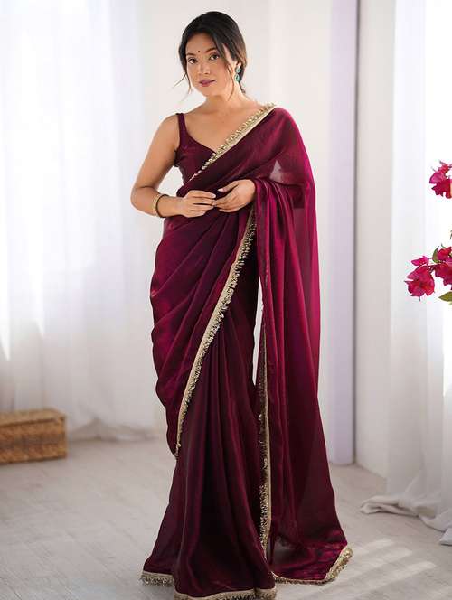 women solid with bordered saree with blouse - 22066206 - Standard Image - 0