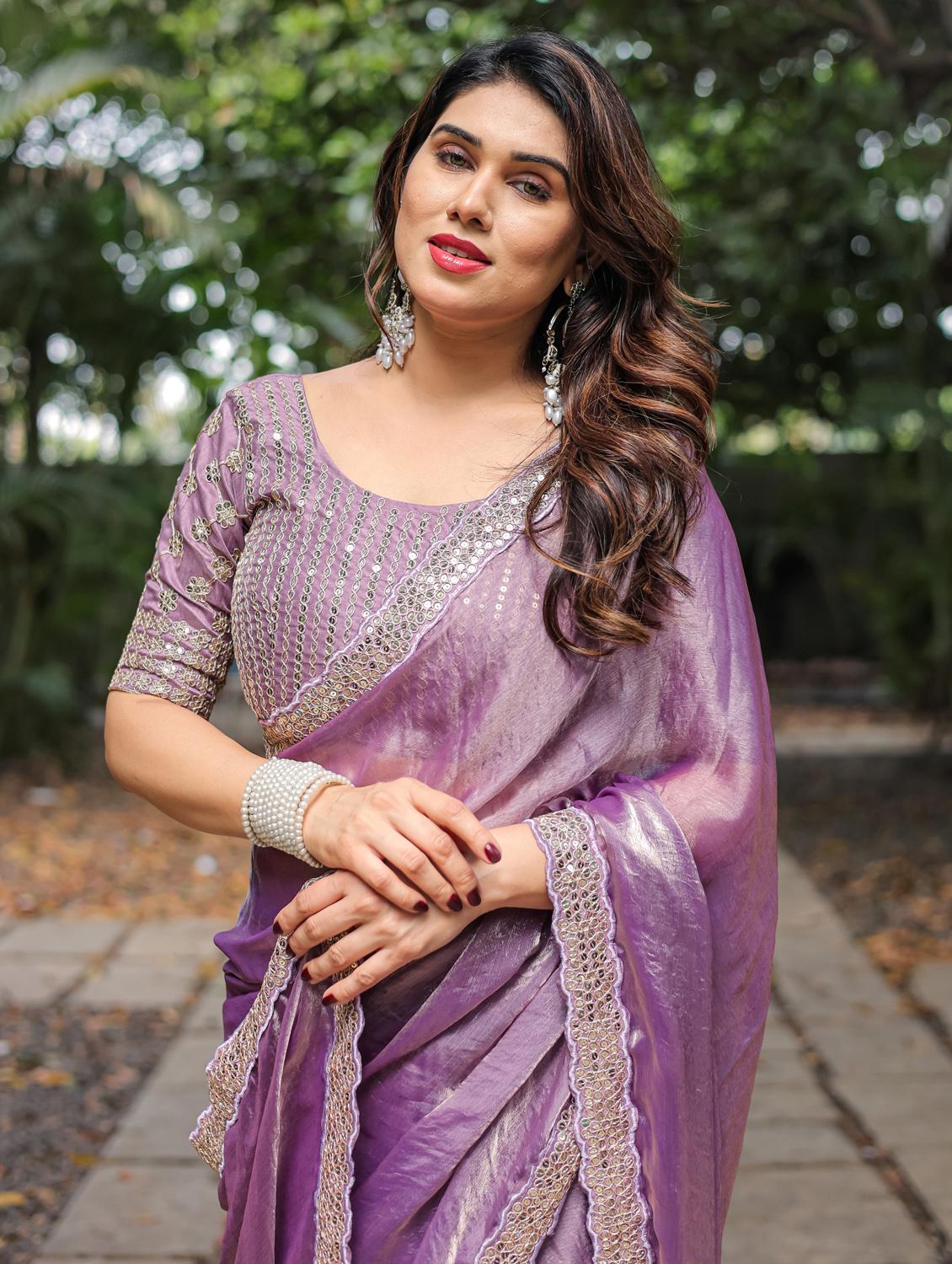 women solid with bordered saree with blouse - 22066214 - Standard Image - 5