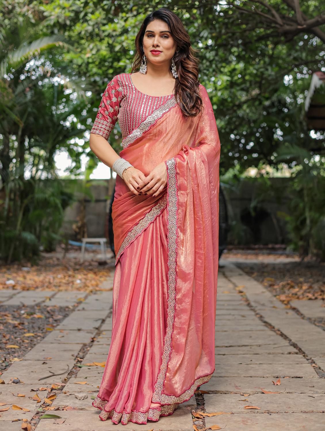 orange organza banarasi saree with blouse