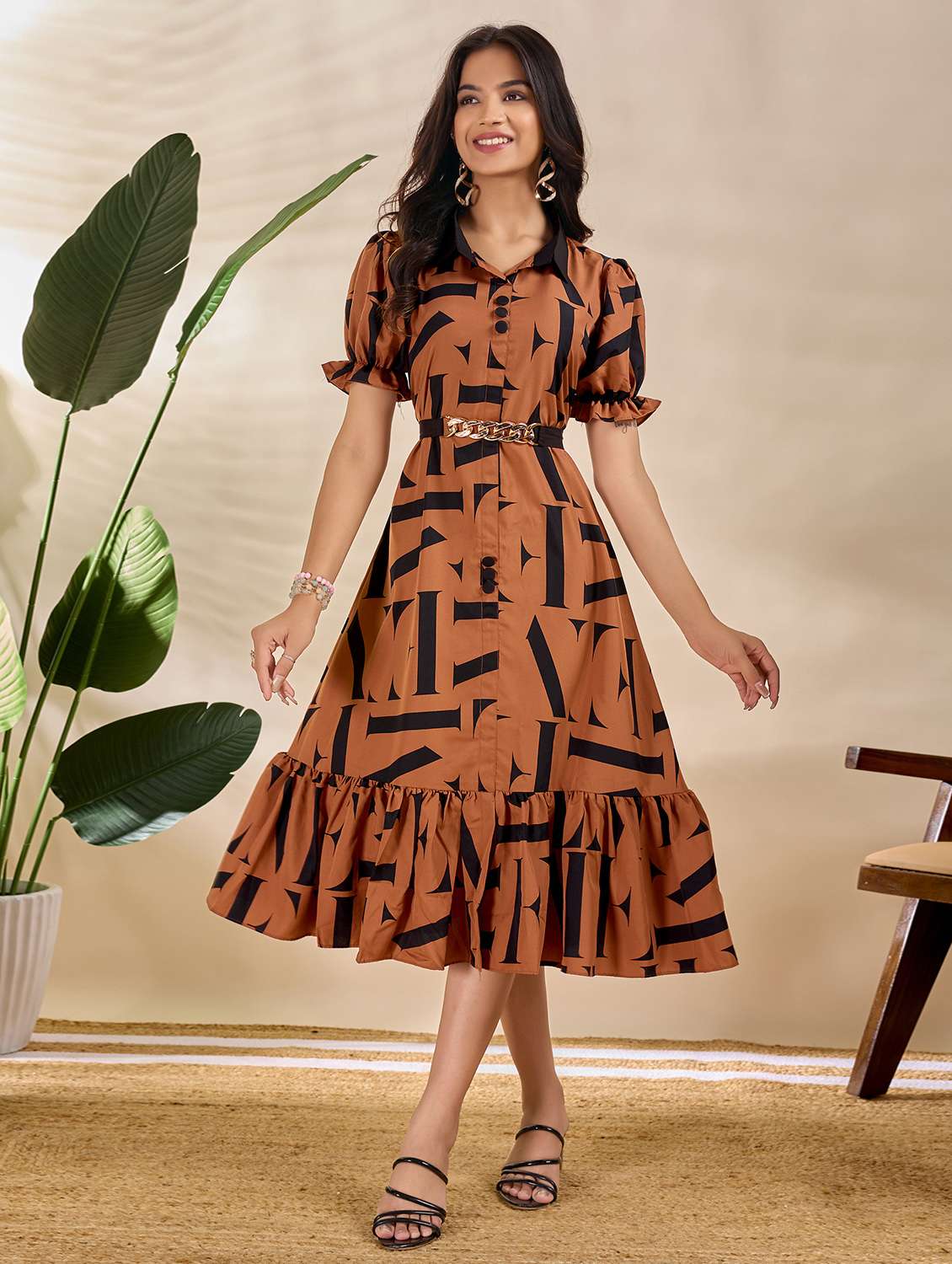 women printed puff sleeve tiered dress - 22066217 -  Zoom Image - 0