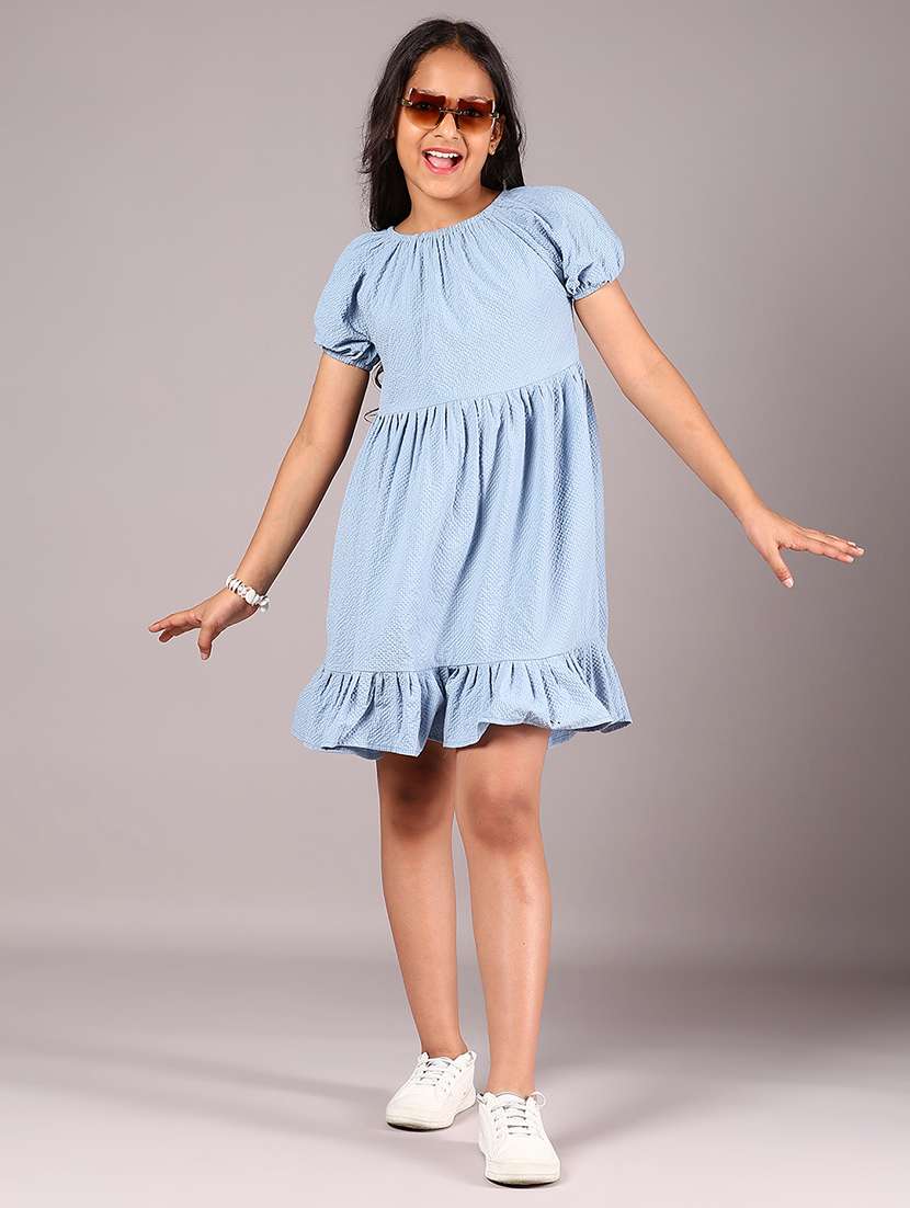 gilrs solid puff sleeve tiered frock