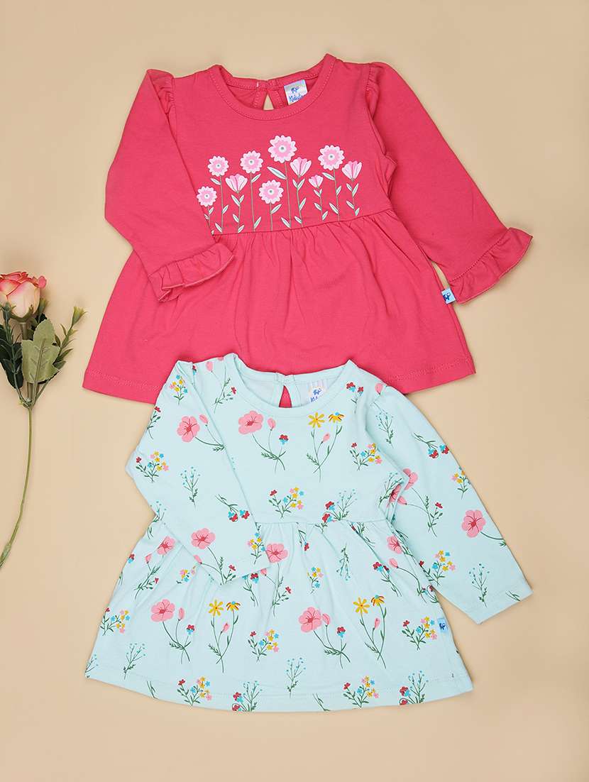 girls pack of 2 printed round neck frocks