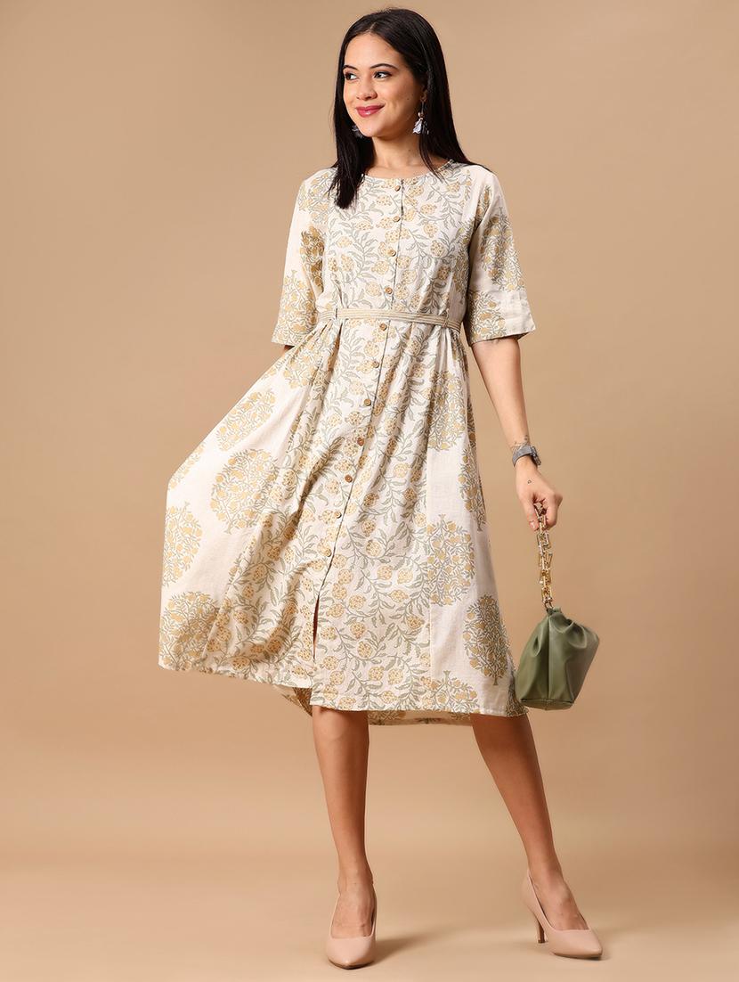 yellow cotton flared ethnic dress - 22066243 - Zoom Image - 0