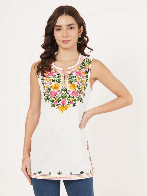 women solid wiith work sleeveless straight kurti - 22066258 - Standard Image - 0