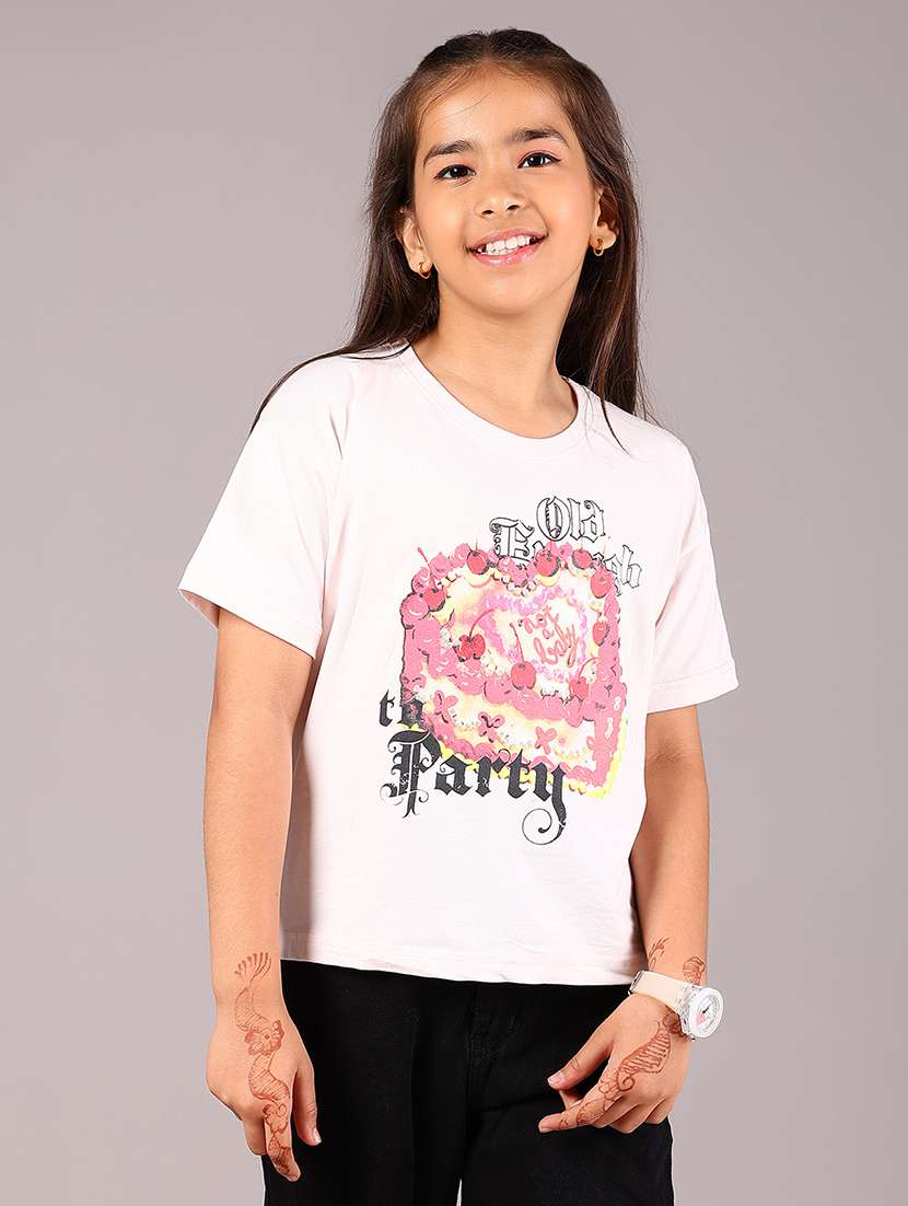 girls white printed short sleeve tee
