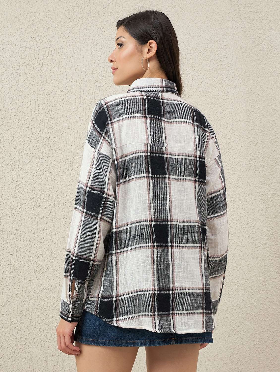 women checkered collared long sleeve oversized shirt - 22066306 - Standard Image - 3