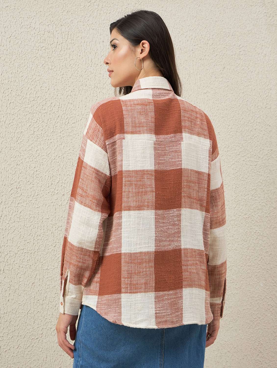 women checkered collared long sleeve oversized shirt - 22066307 - Standard Image - 3