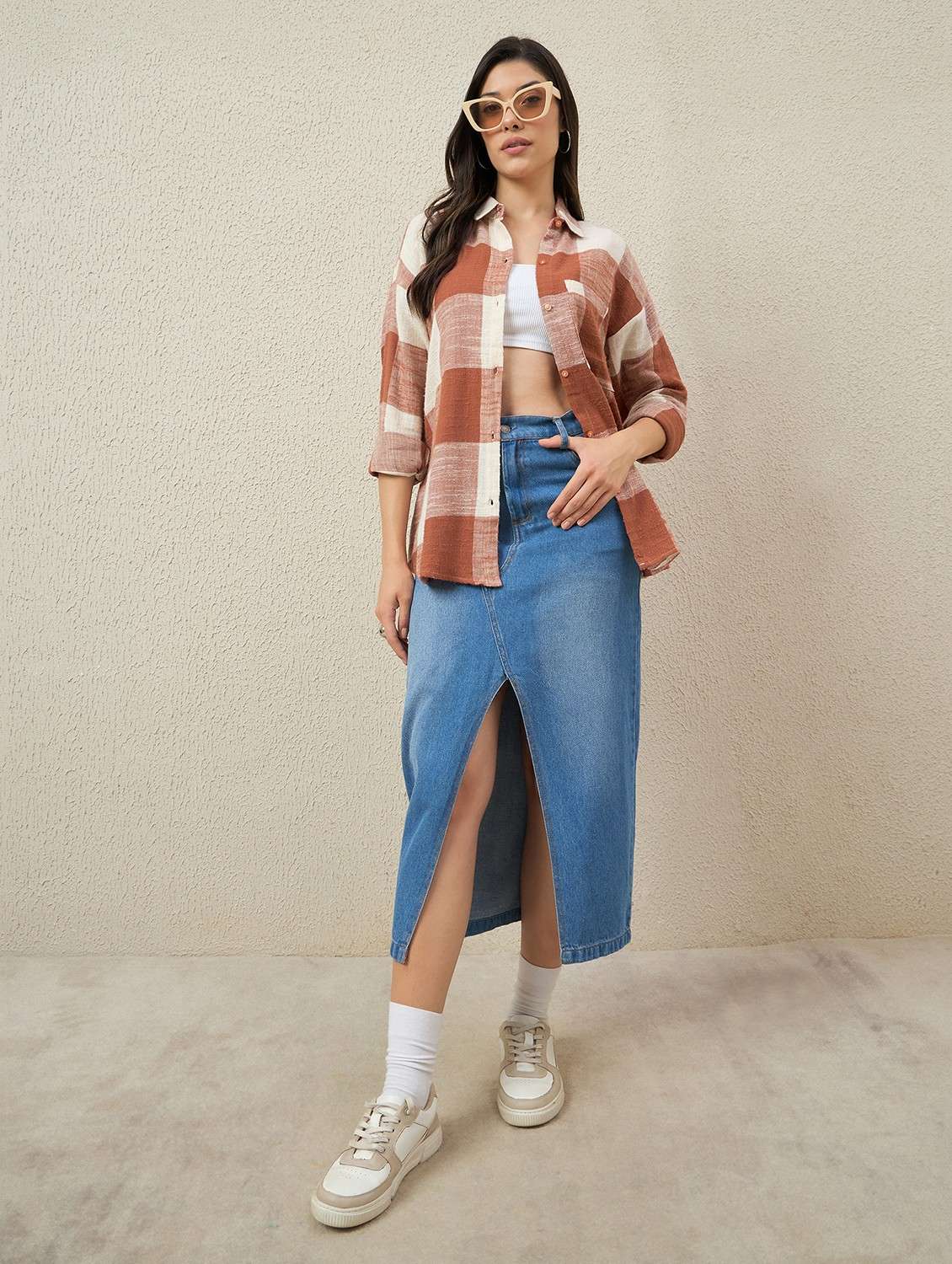 women checkered collared long sleeve oversized shirt - 22066307 - Standard Image - 5