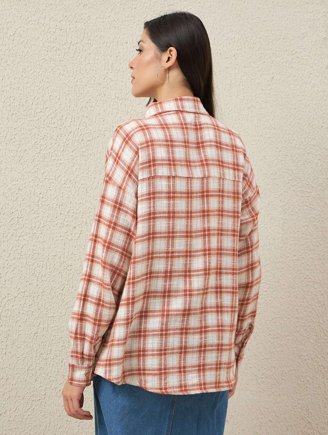 women checkered collared long sleeve oversized shirt - 22066310 - Standard Image - 3