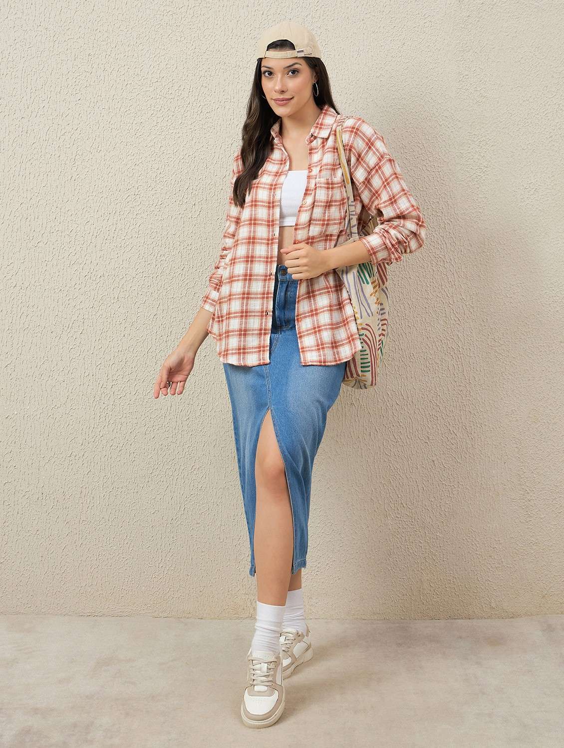 women checkered collared long sleeve oversized shirt - 22066310 - Standard Image - 5