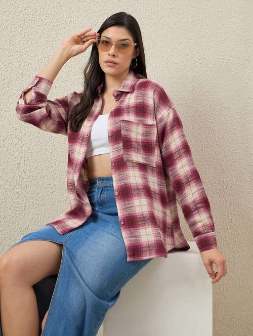 women checkered collared long sleeve oversized shirt - 22066311 -  Standard Image - 0