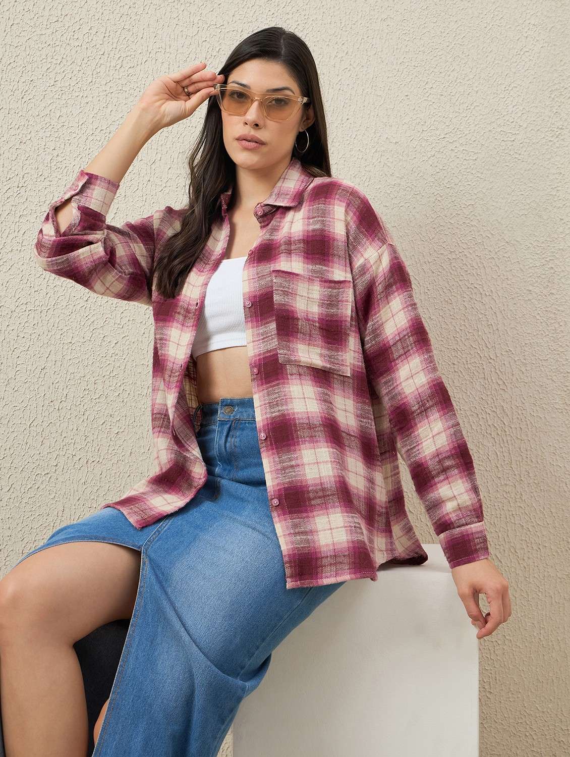 women checkered collared long sleeve oversized shirt - 22066311 -  Zoom Image - 0