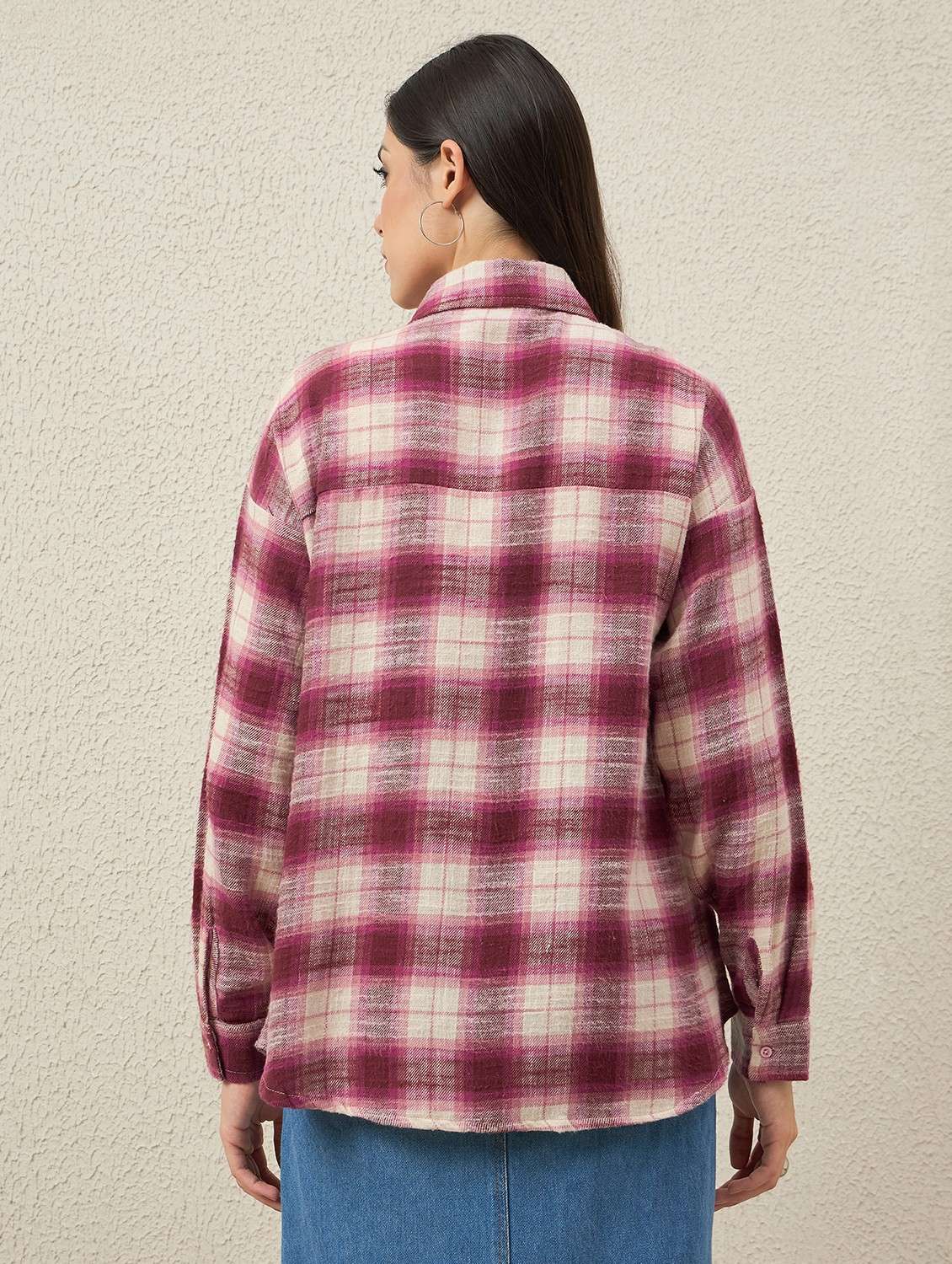 women checkered collared long sleeve oversized shirt - 22066311 - Standard Image - 3
