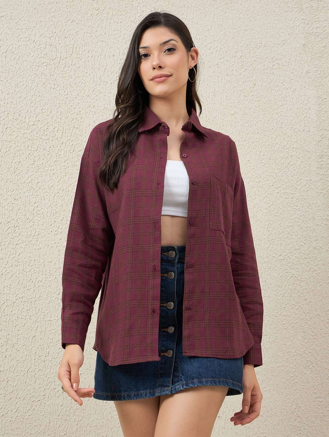 women checkered collared long sleeve oversized shirt - 22066312 - Zoom Image - 0