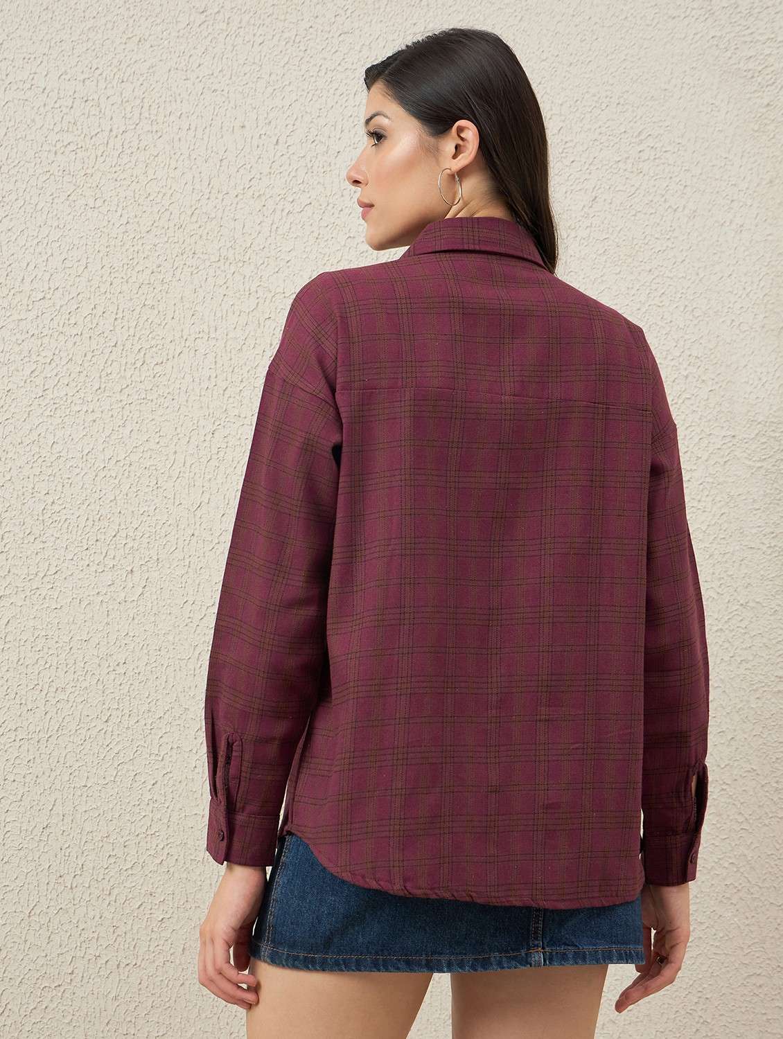 women checkered collared long sleeve oversized shirt - 22066312 - Standard Image - 3