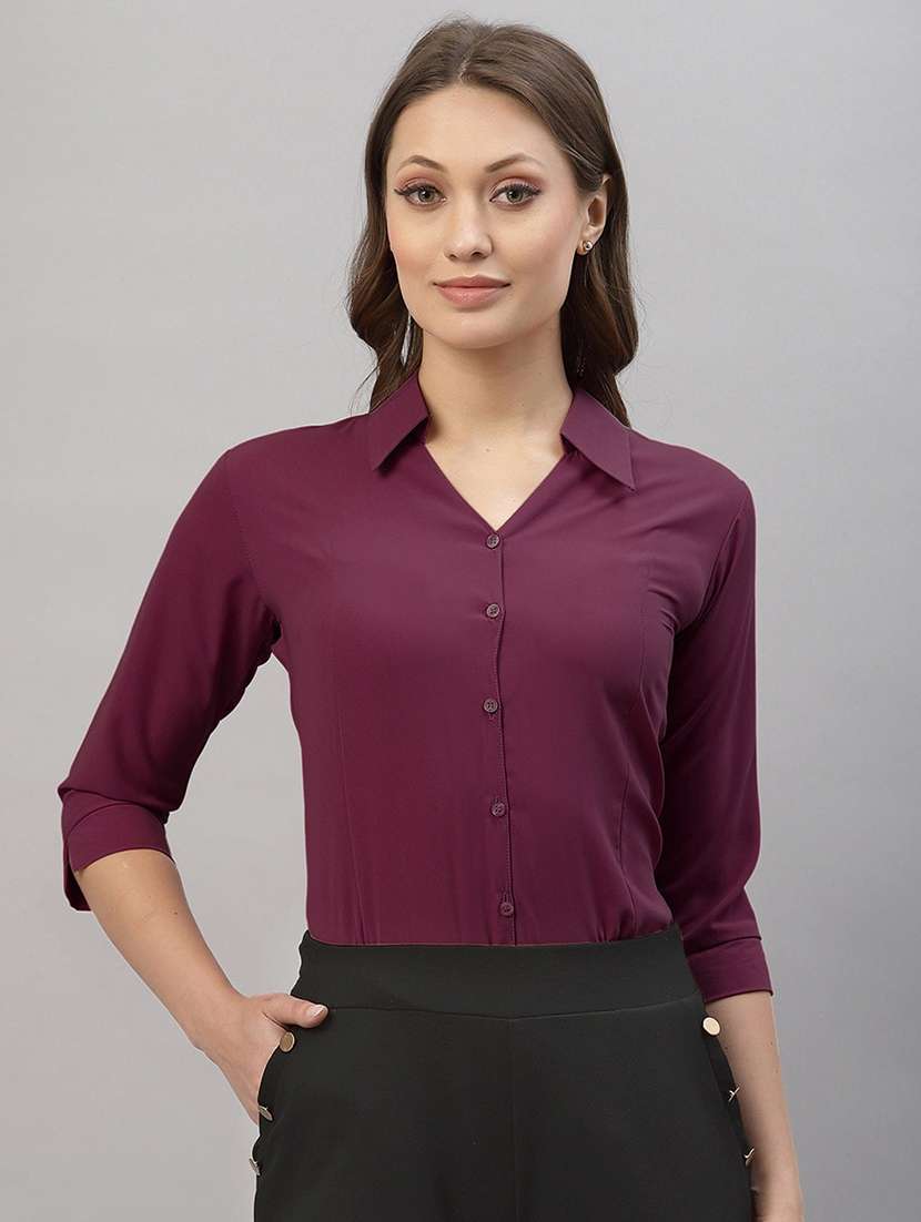 women solid collared three quarter sleeve shirt - 22066315 -  Zoom Image - 0