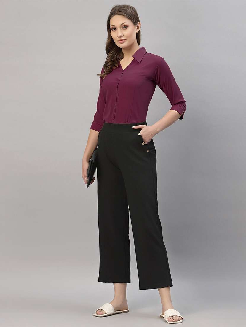 women solid collared three quarter sleeve shirt - 22066315 - Standard Image - 5