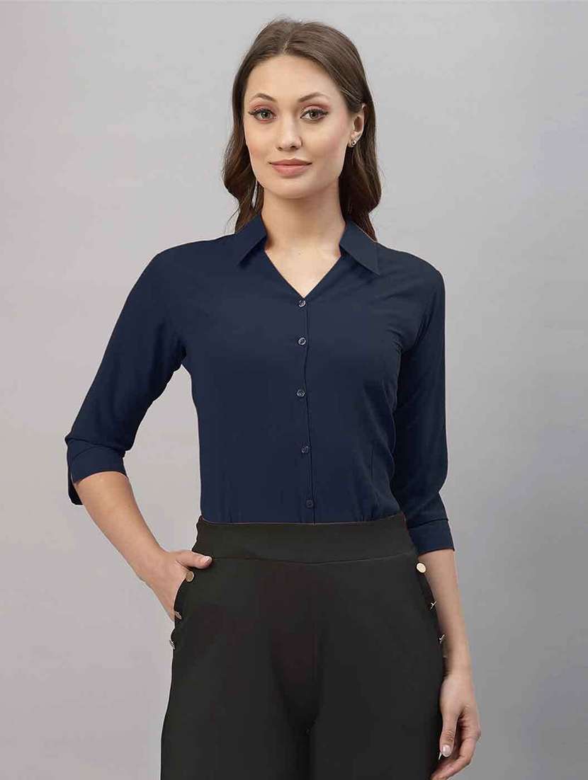 women solid collared three quarter sleeve shirt