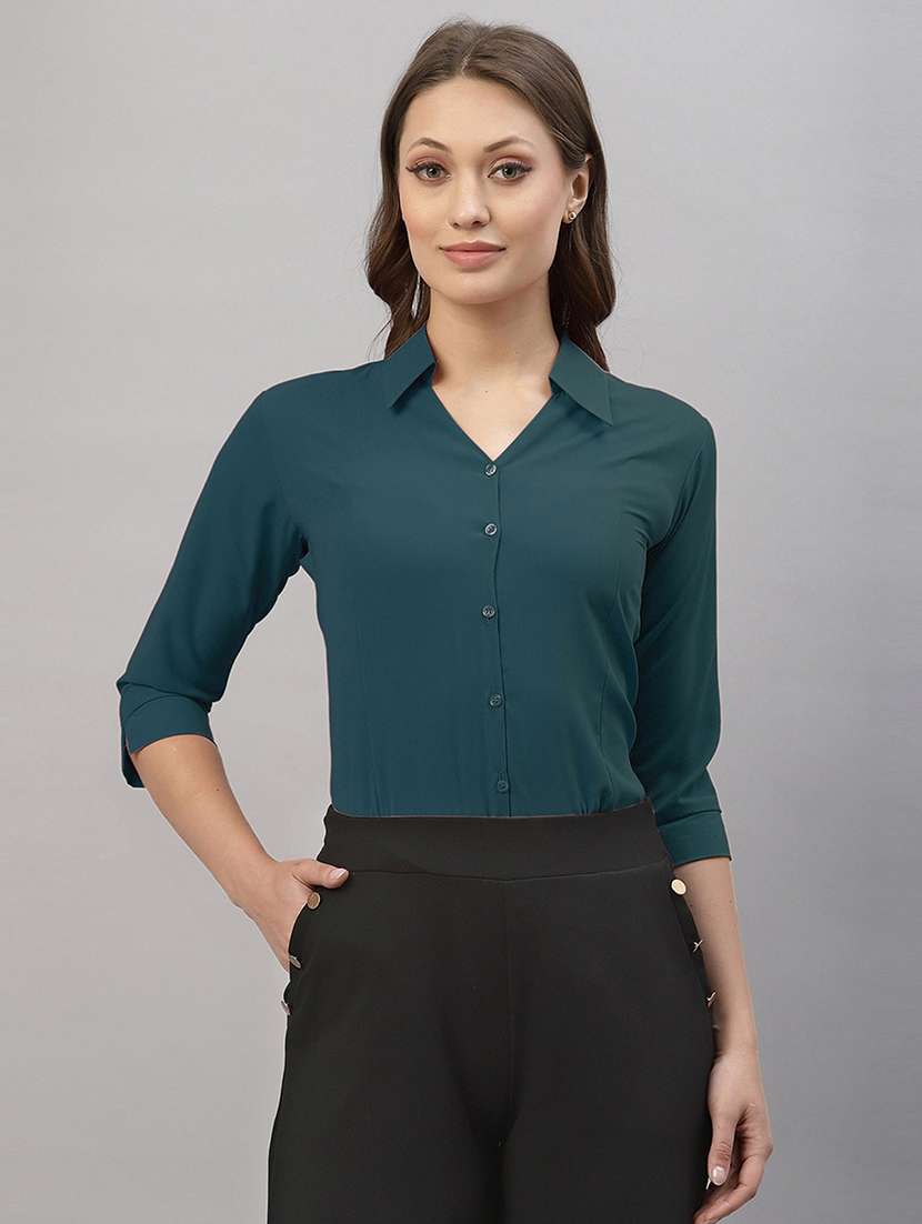 women solid collared three quarter sleeve shirt