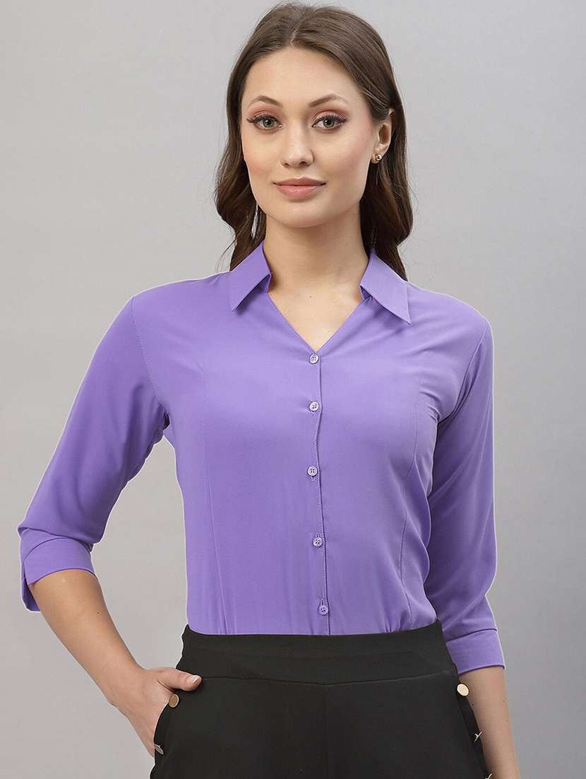women solid collared three quarter sleeve shirt