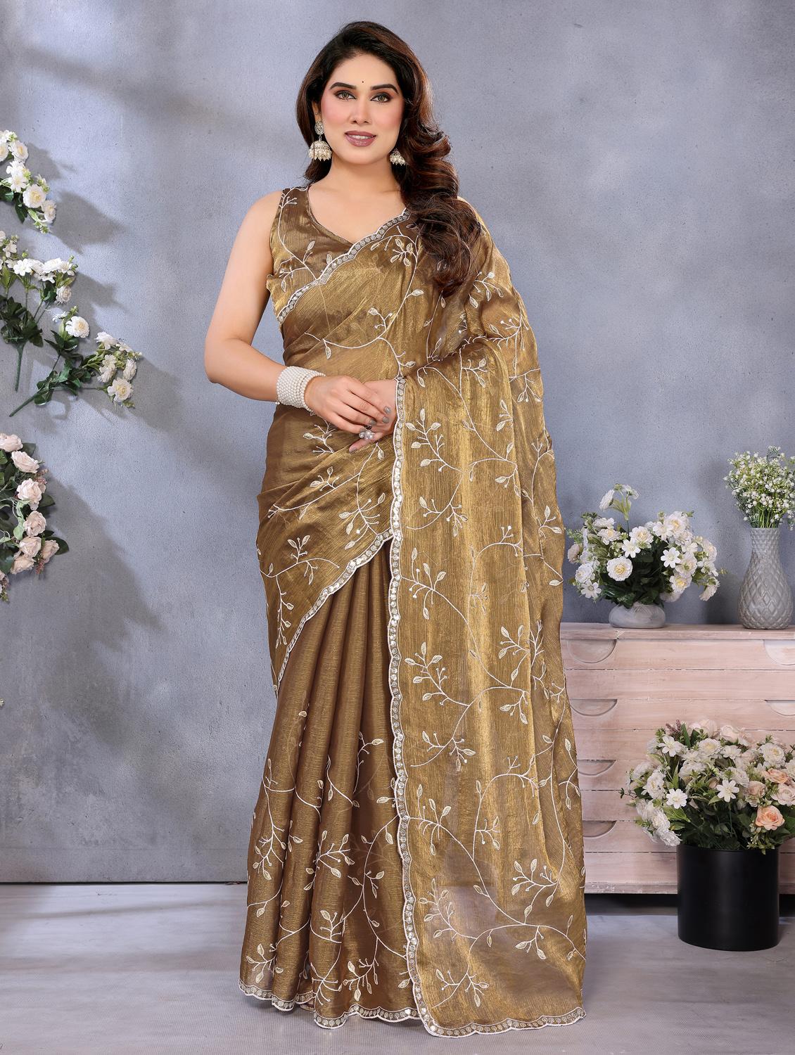 women solid with work embroidered saree with blouse - 22066326 -  Zoom Image - 0