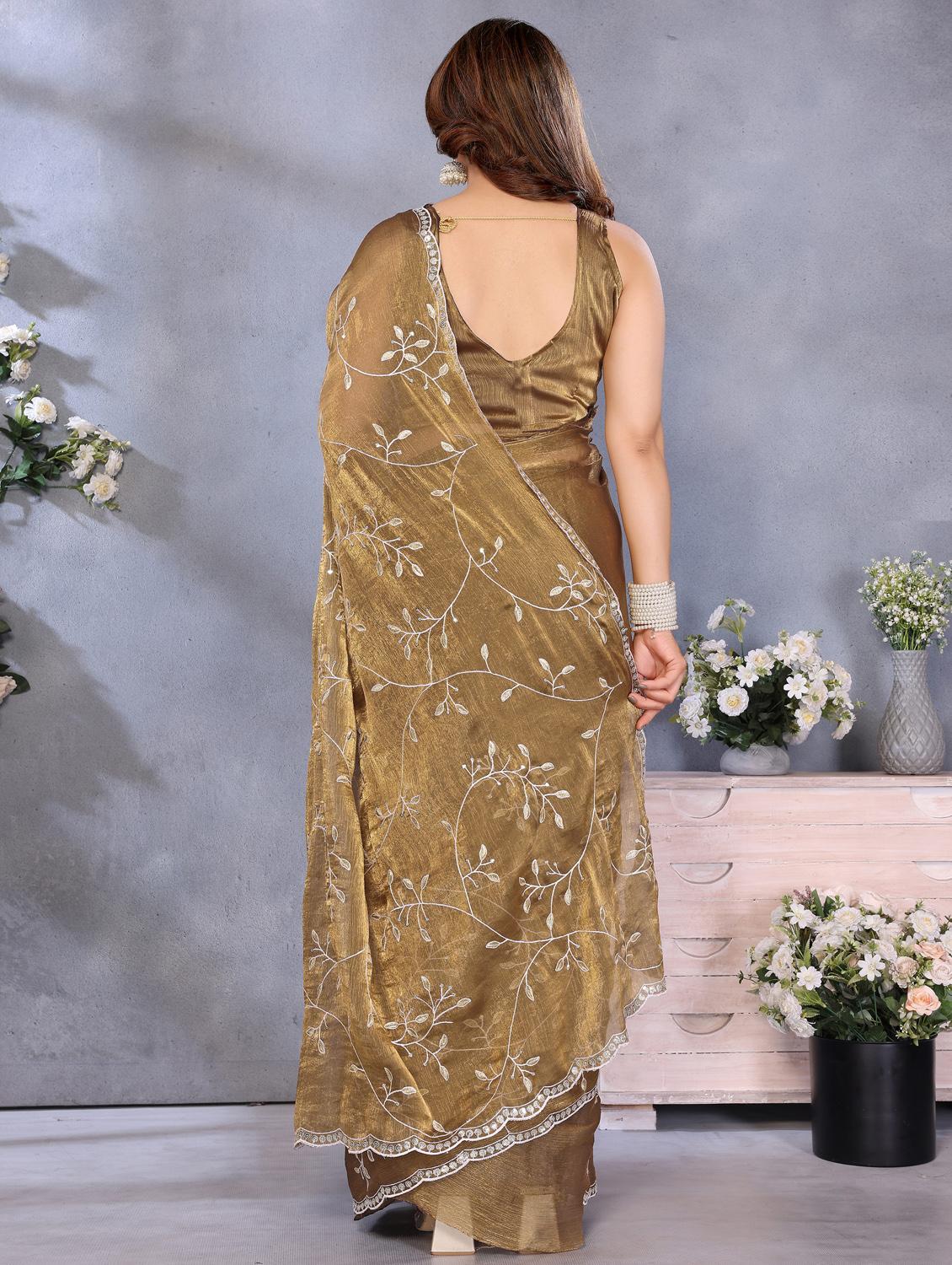 women solid with work embroidered saree with blouse - 22066326 - Standard Image - 3