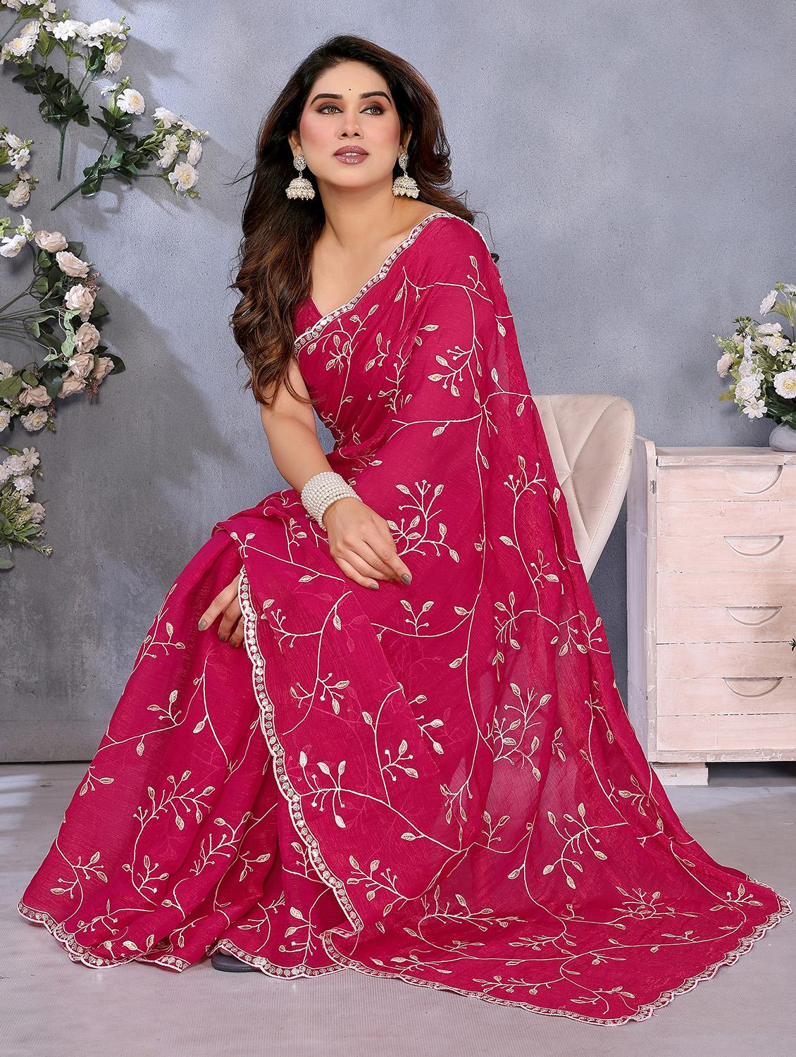 women solid with work embroidered saree with blouse - 22066327 - Standard Image - 3