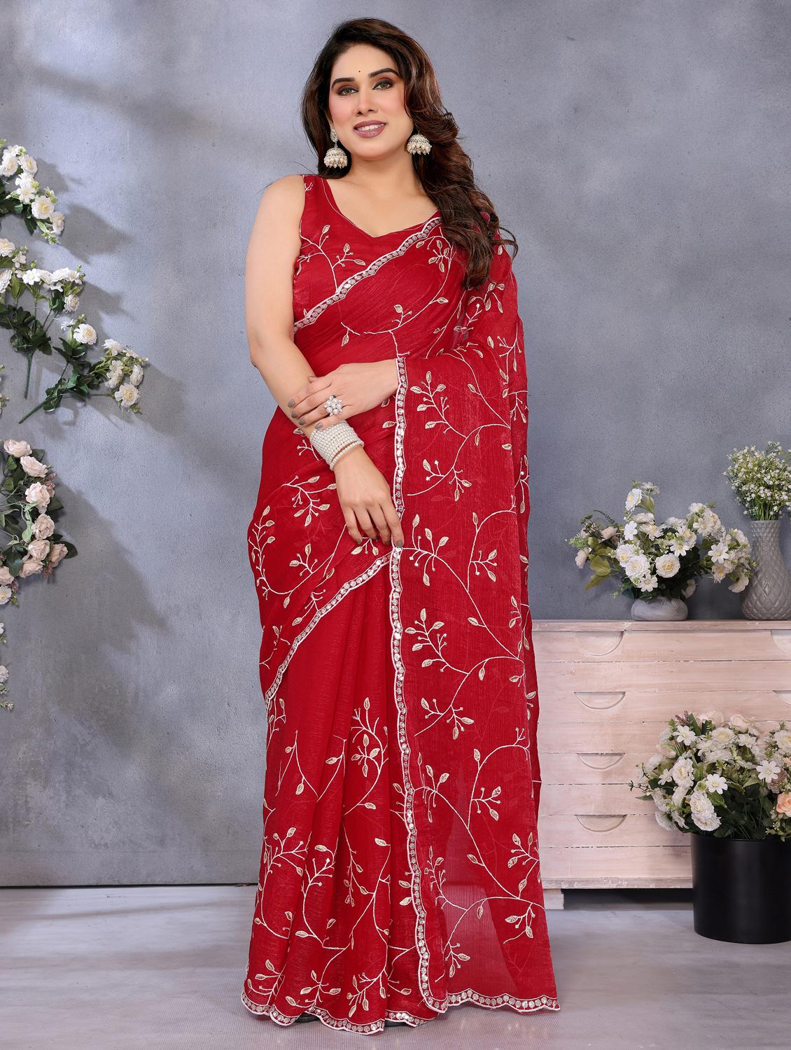 women solid with work embroidered saree with blouse