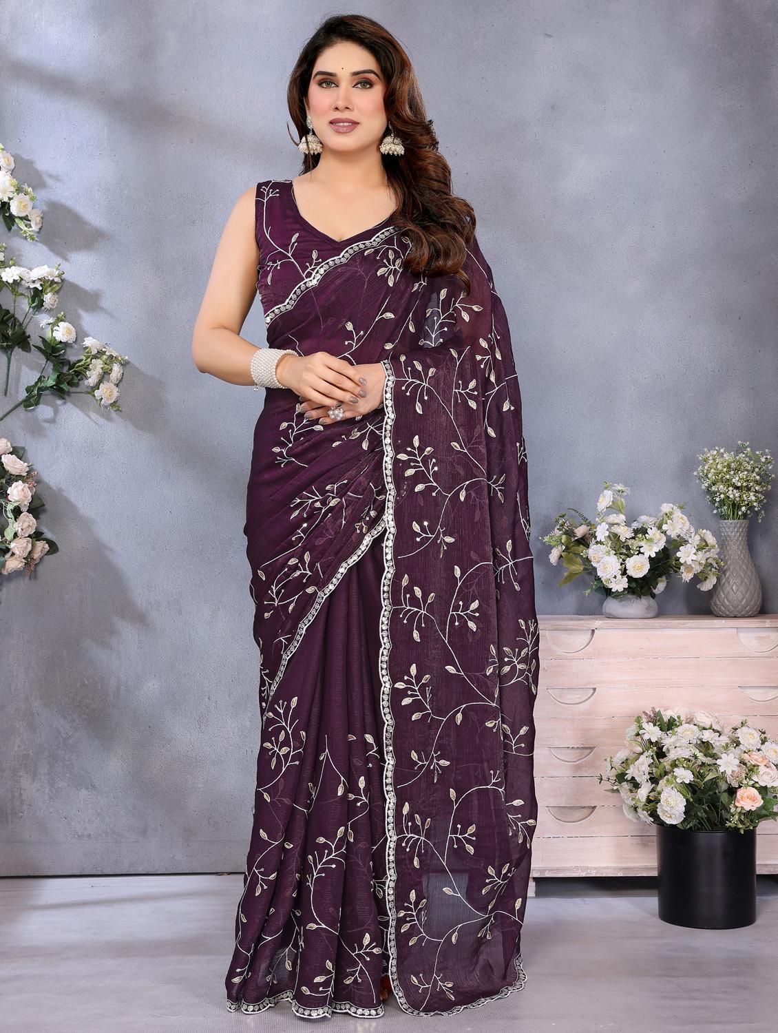 women solid with work embroidered saree with blouse - 22066329 -  Zoom Image - 0