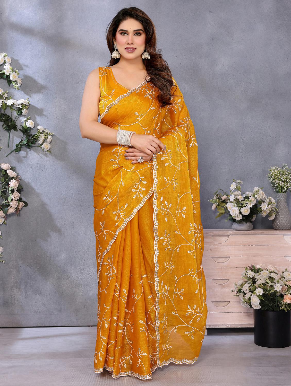 women solid with work embroidered saree with blouse