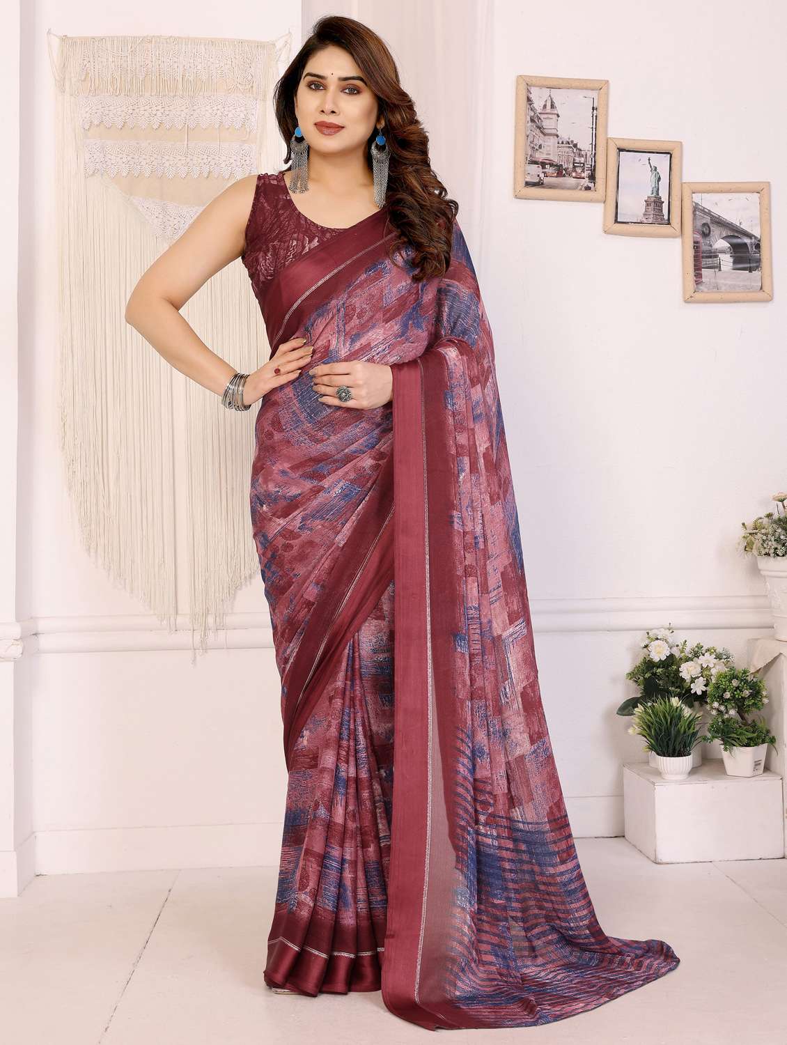maroon silk blend printed saree with blouse