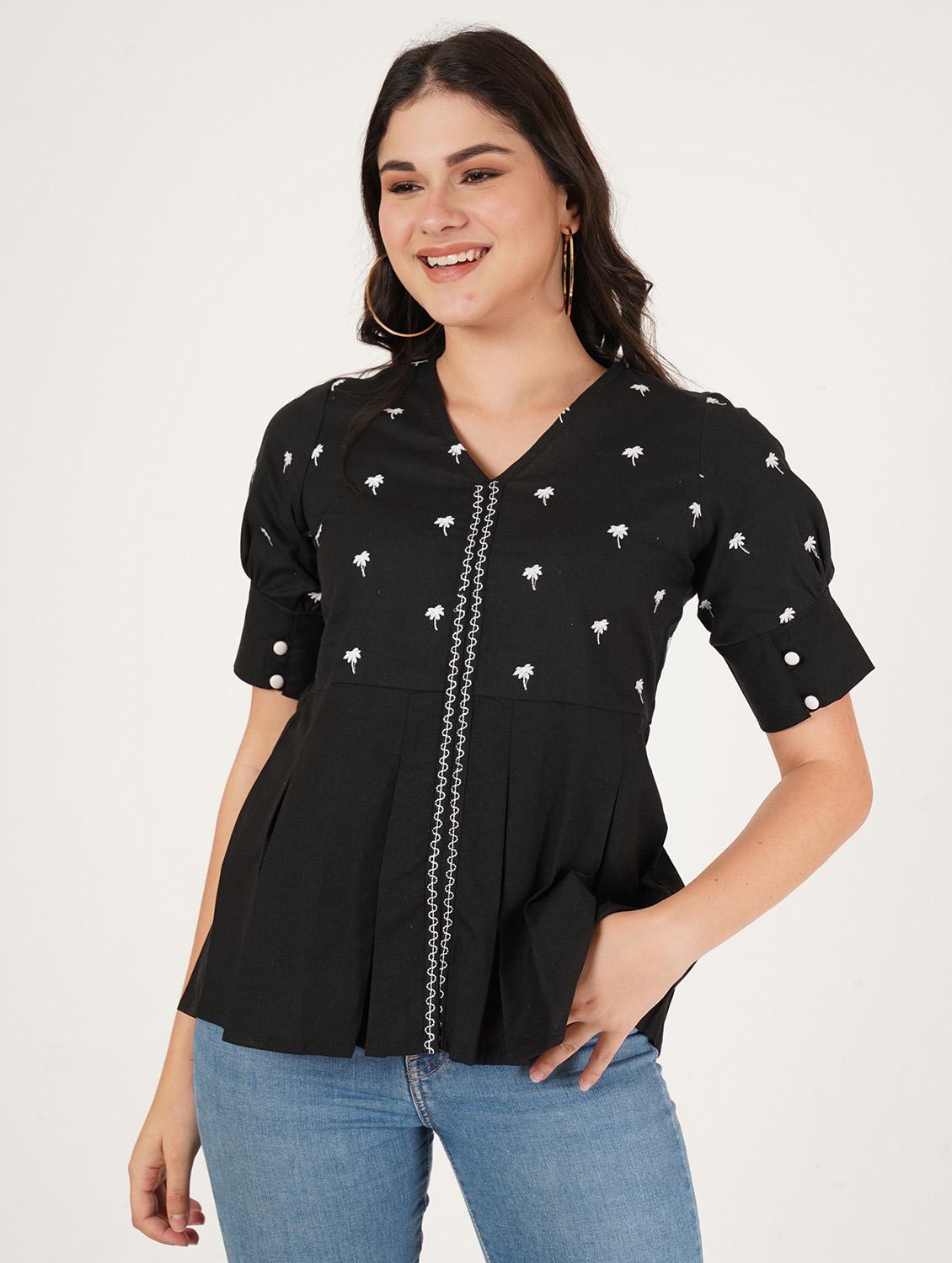 women embroidered puff sleeve peplum top - 22066367 - Zoom Image - 0