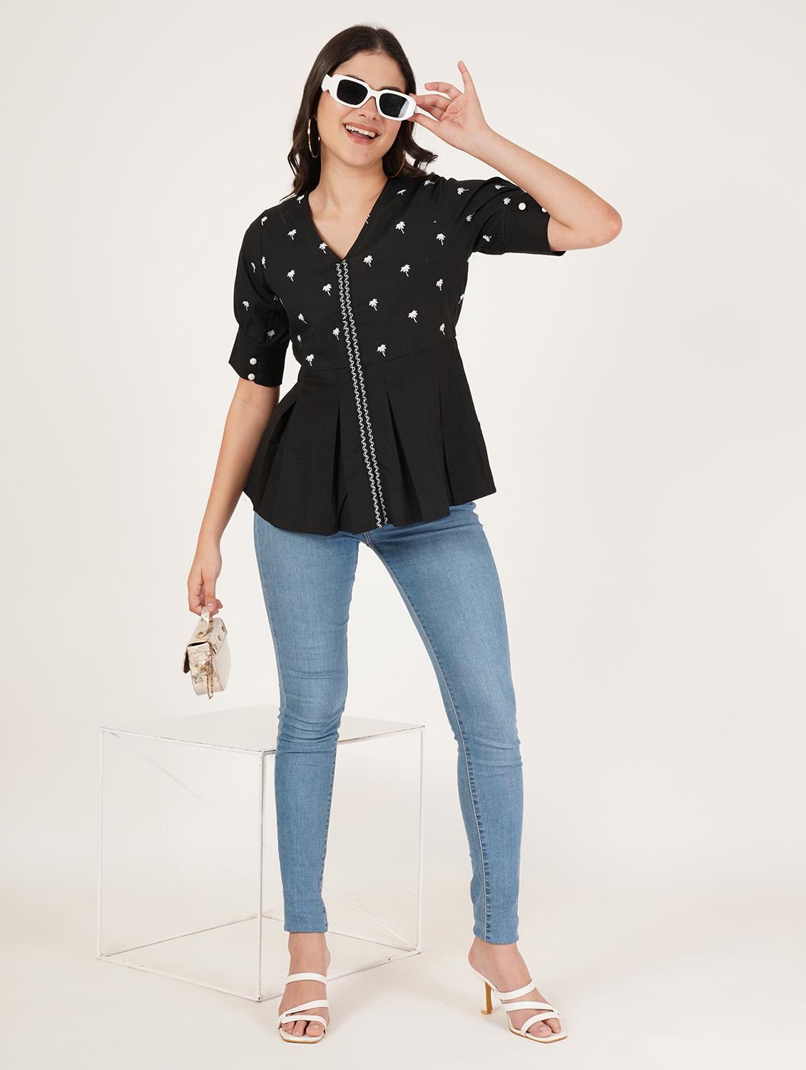 women embroidered puff sleeve peplum top - 22066367 - Standard Image - 3