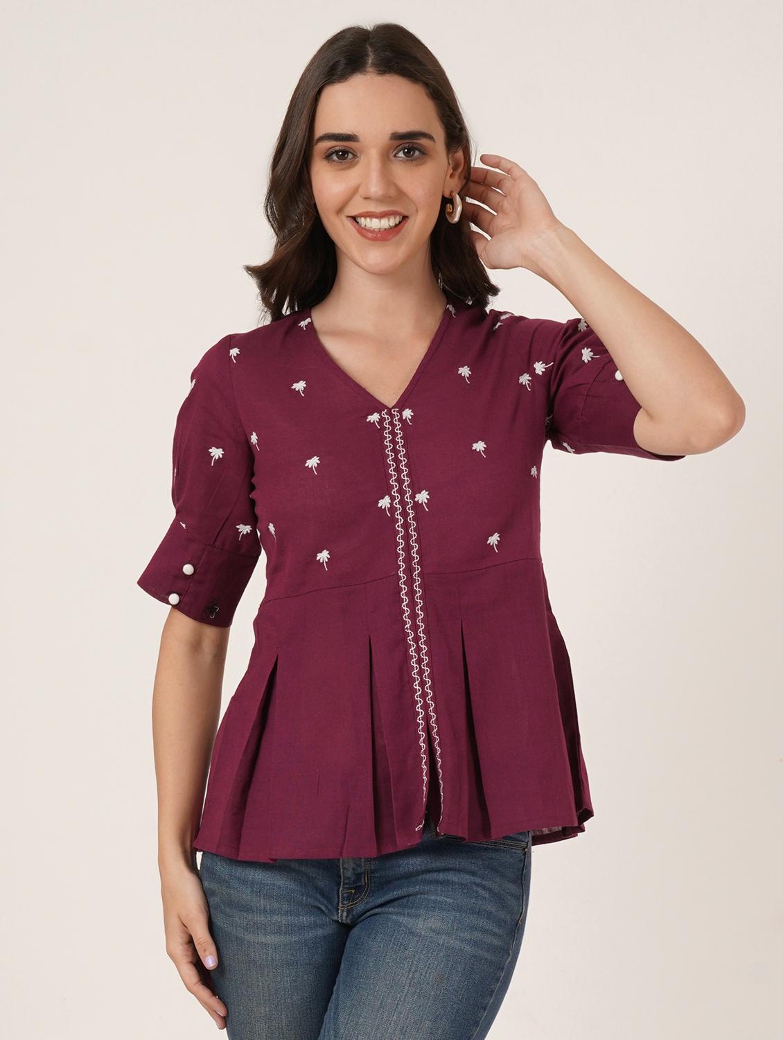 women embroidered puff sleeve peplum top - 22066368 - Zoom Image - 0