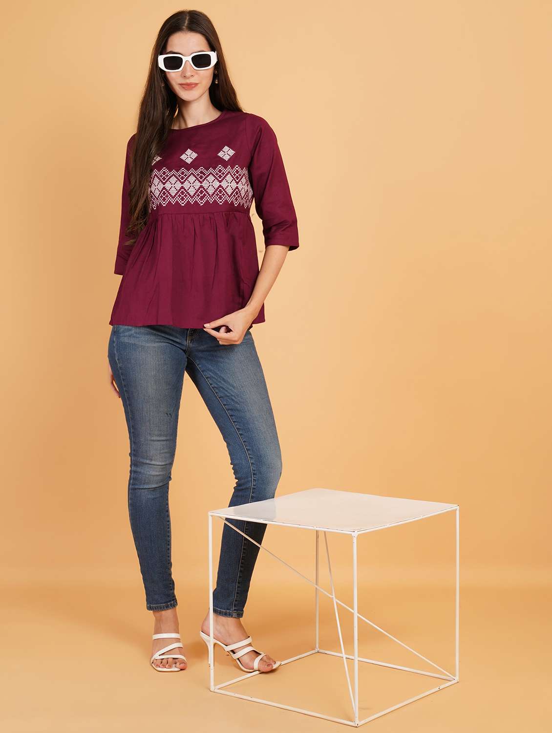 women embroidered round neck peplum top - 22066371 - Standard Image - 5