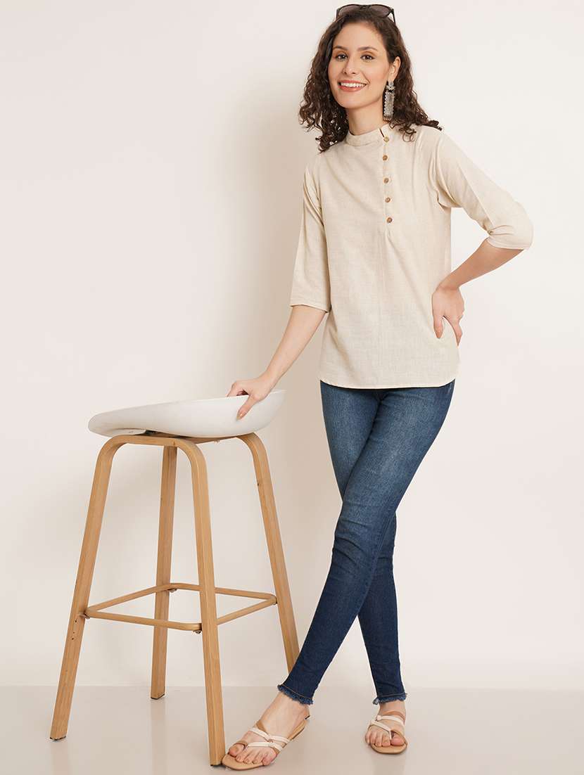 women solid mandarin neck regular top - 22066372 - Standard Image - 3
