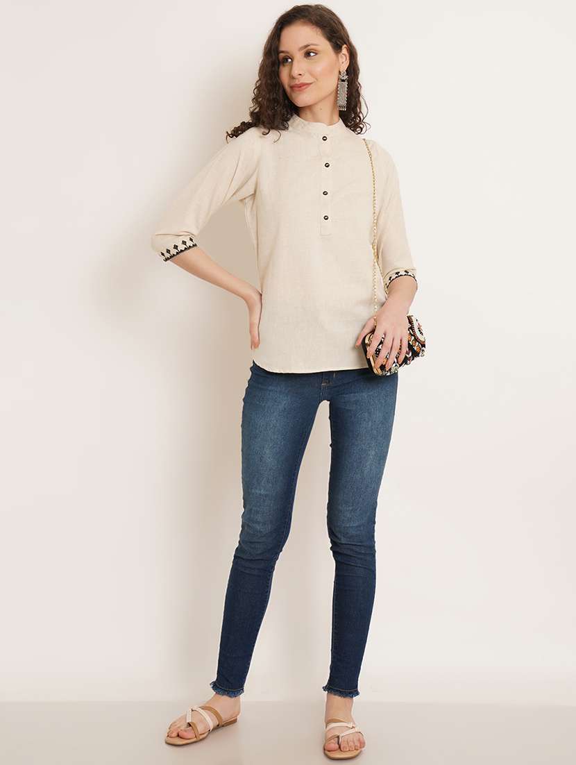 women solid mandarin neck regular top - 22066374 - Standard Image - 3