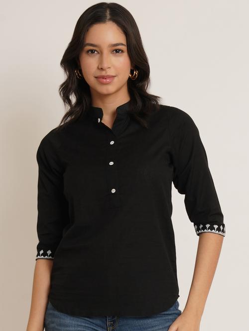 women solid mandarin neck regular top - 22066375 - Standard Image - 0