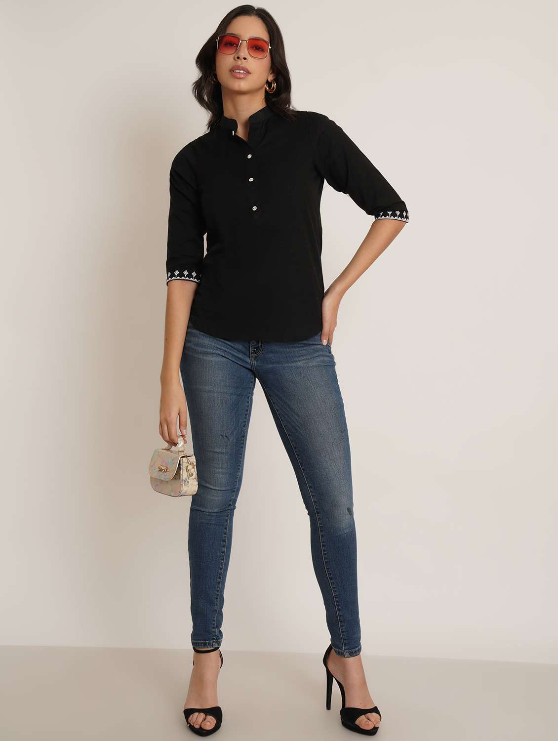 women solid mandarin neck regular top - 22066375 - Standard Image - 3