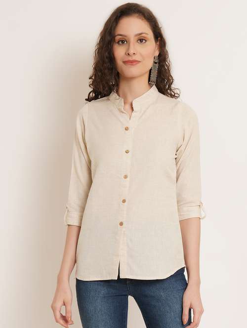 women solid mandarin neck regular top - 22066376 - Standard Image - 0