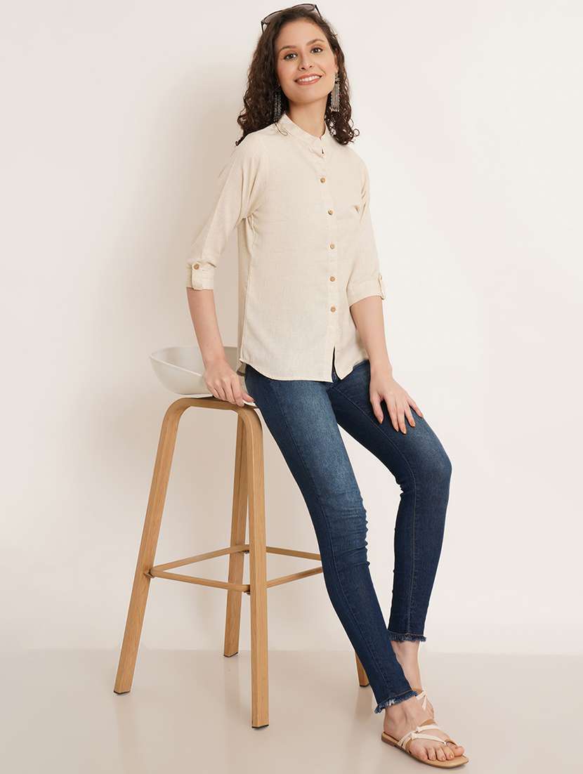 women solid mandarin neck regular top - 22066376 - Standard Image - 3