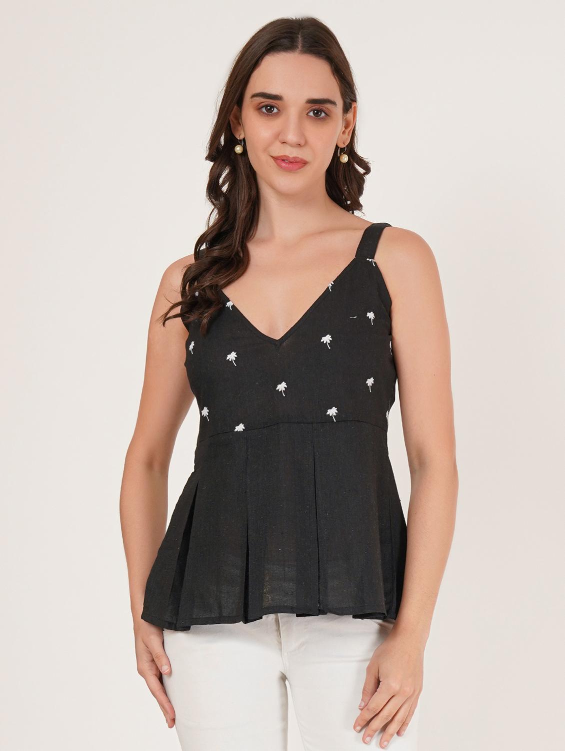 women embroidered shoulder strap peplum top - 22066379 - Zoom Image - 0
