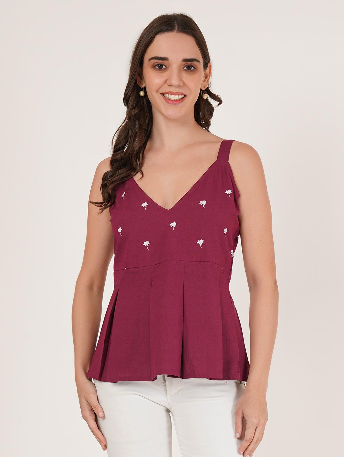 women embroidered shoulder strap peplum top - 22066380 - Zoom Image - 0