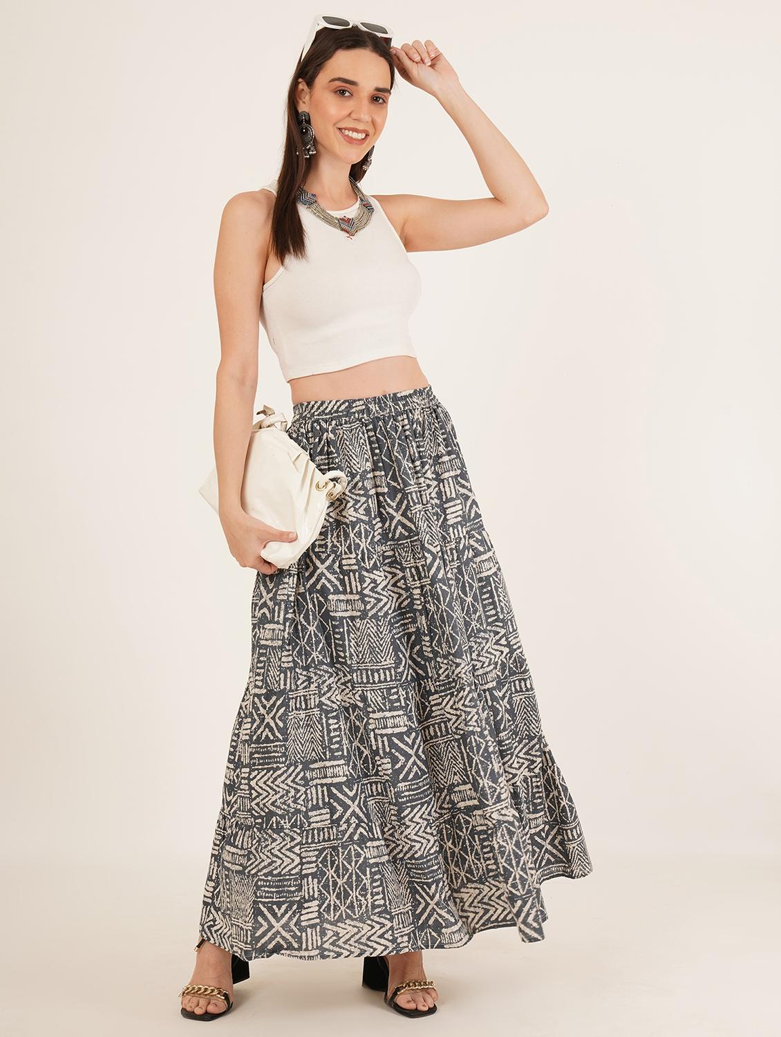 women printed mid rise tiered skirt - 22066381 - Standard Image - 3