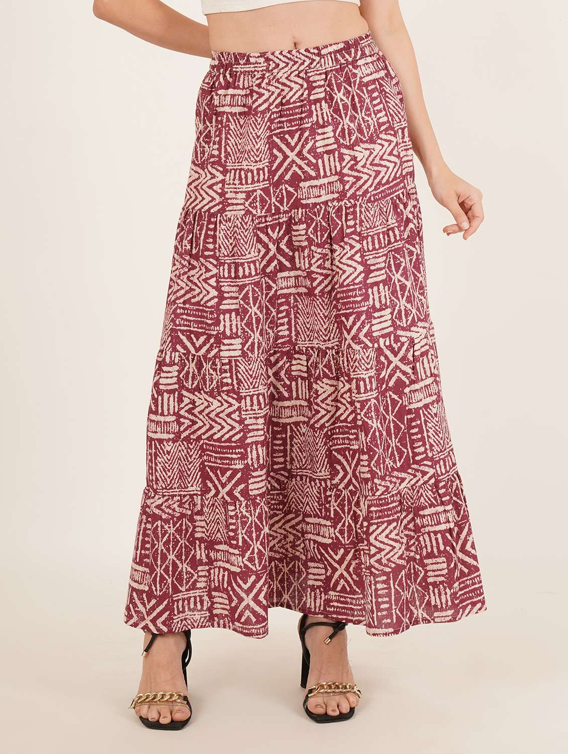 women printed mid rise tiered maxi skirt - 22066382 - Zoom Image - 0