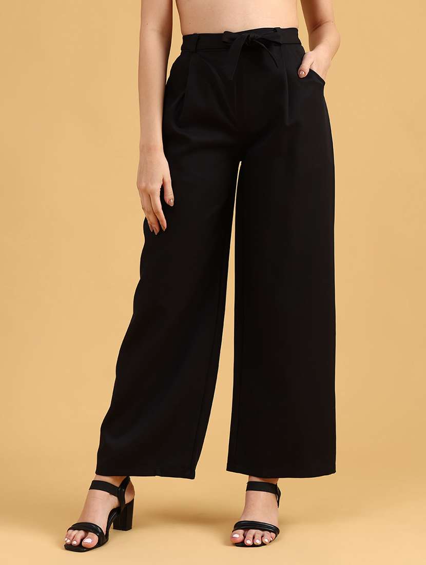 women solid mid rise wide leg trouser