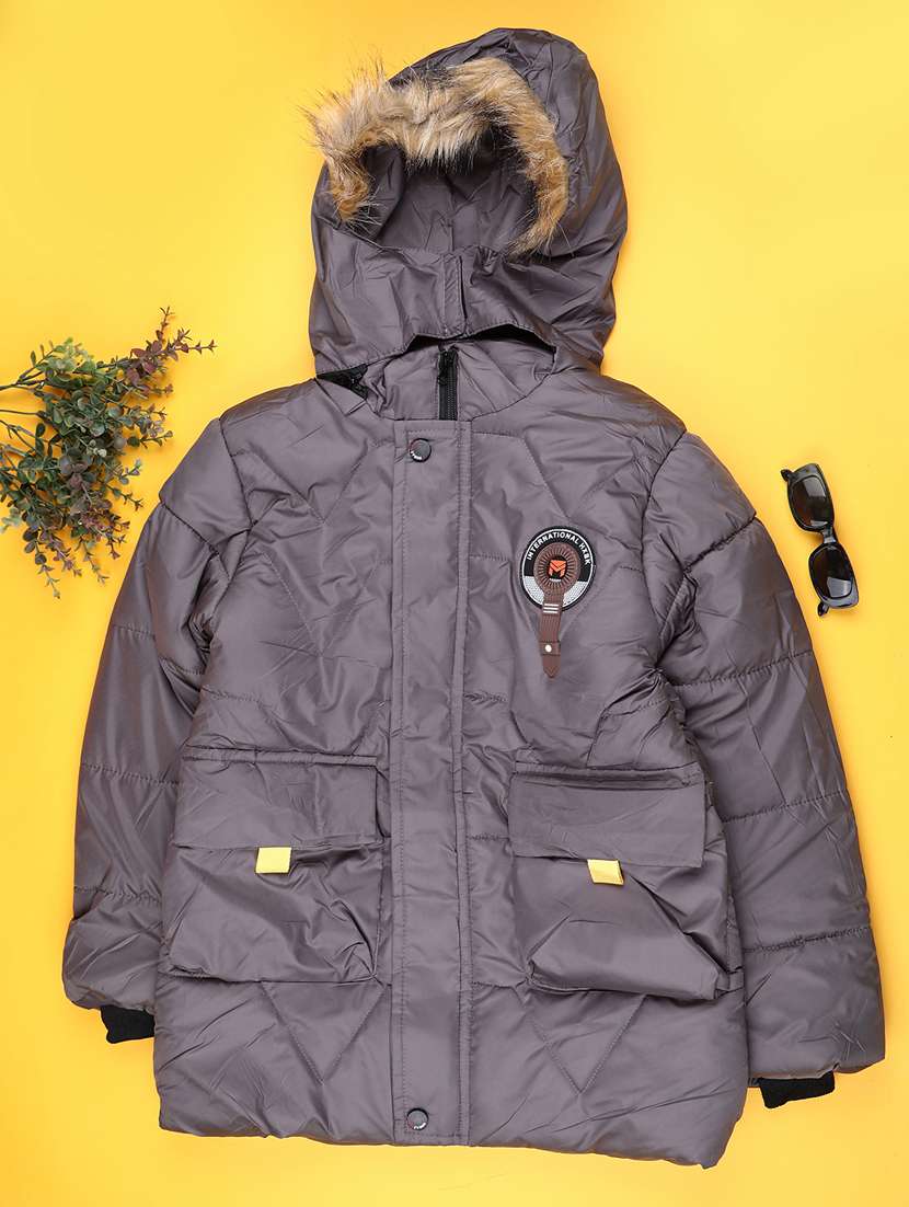 boys solid long sleeve hooded quiled acket